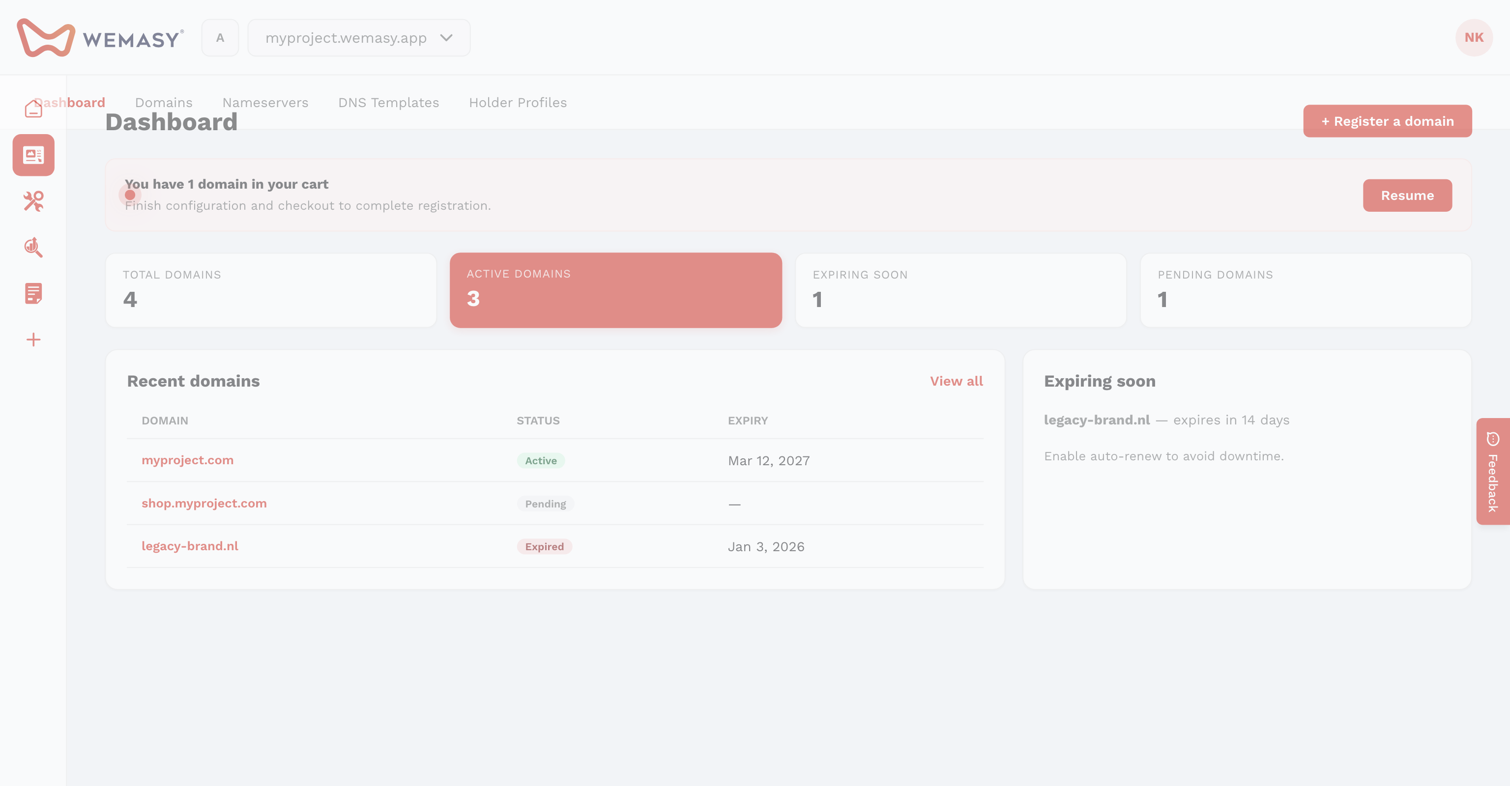 Das WEMASY-Dashboard mit einem Hinweisbanner zum Systemstatus