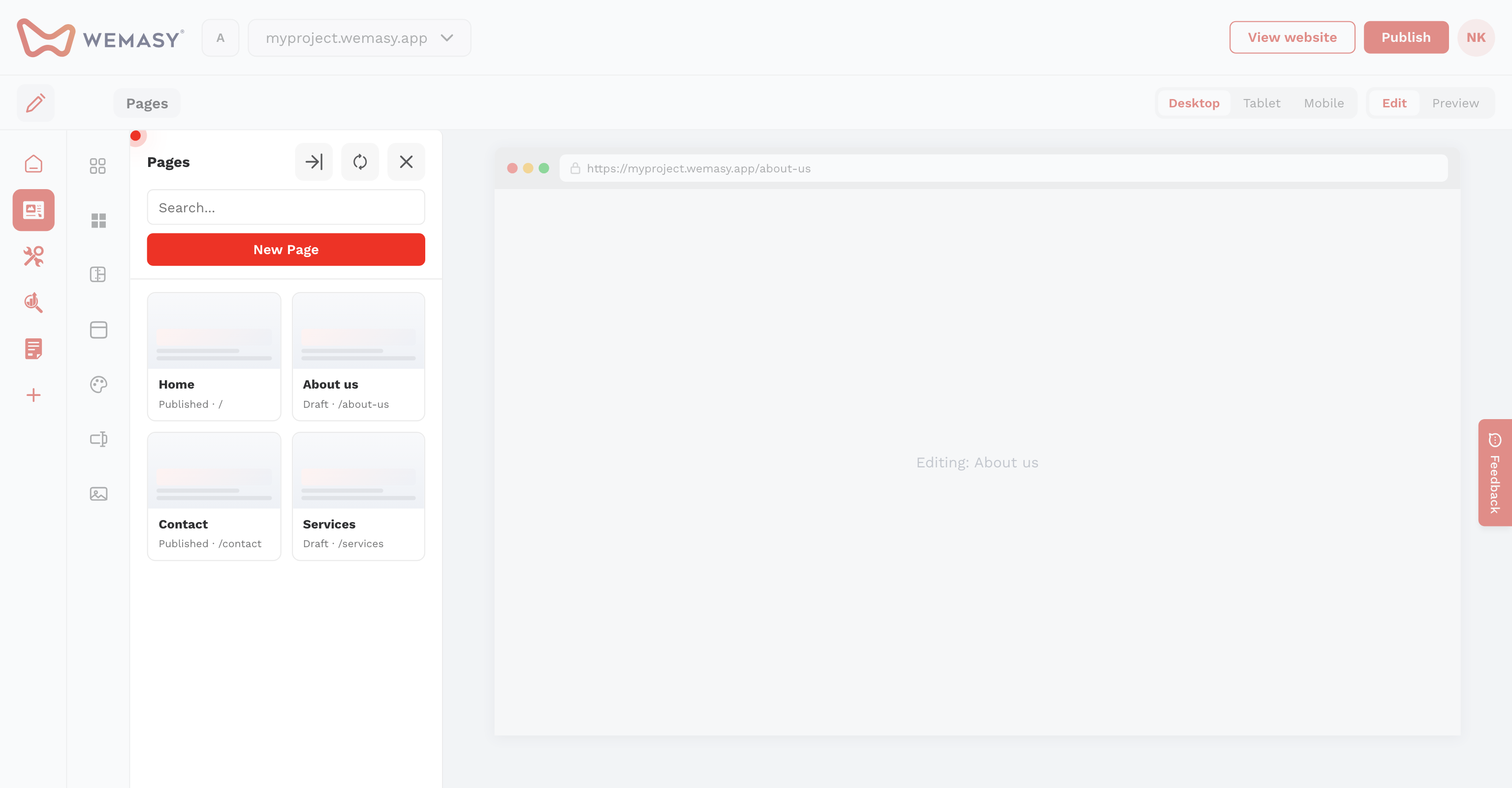 Website-Builder: Den Bereich Seiten öffnen